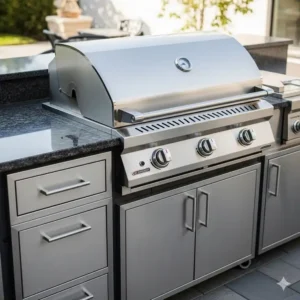  Ein hochauflösendes Bild, das sich auf die langlebigen, wetterfesten Materialien eines Premium-Gasgrills und einer Außenküche konzentriert, einschließlich rostfreiem Edelstahl.