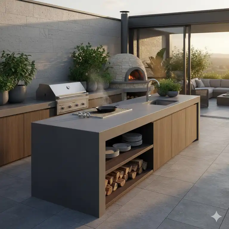 Moderne und langlebige arbeitsplatte beton außenküche mit integriertem Grillbereich.