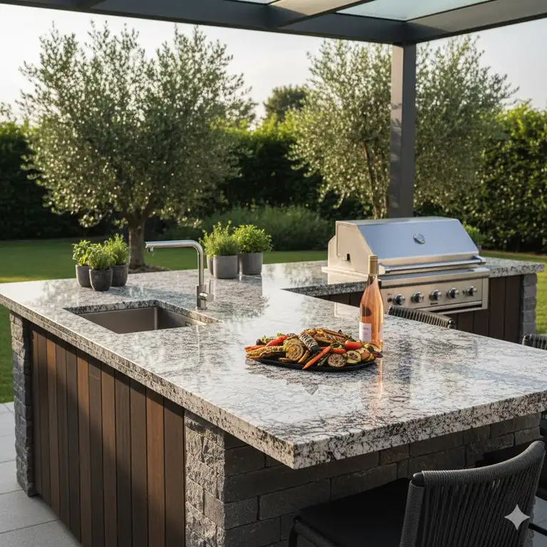 arbeitsplatte granit außenküche modern und elegant auf der terrasse