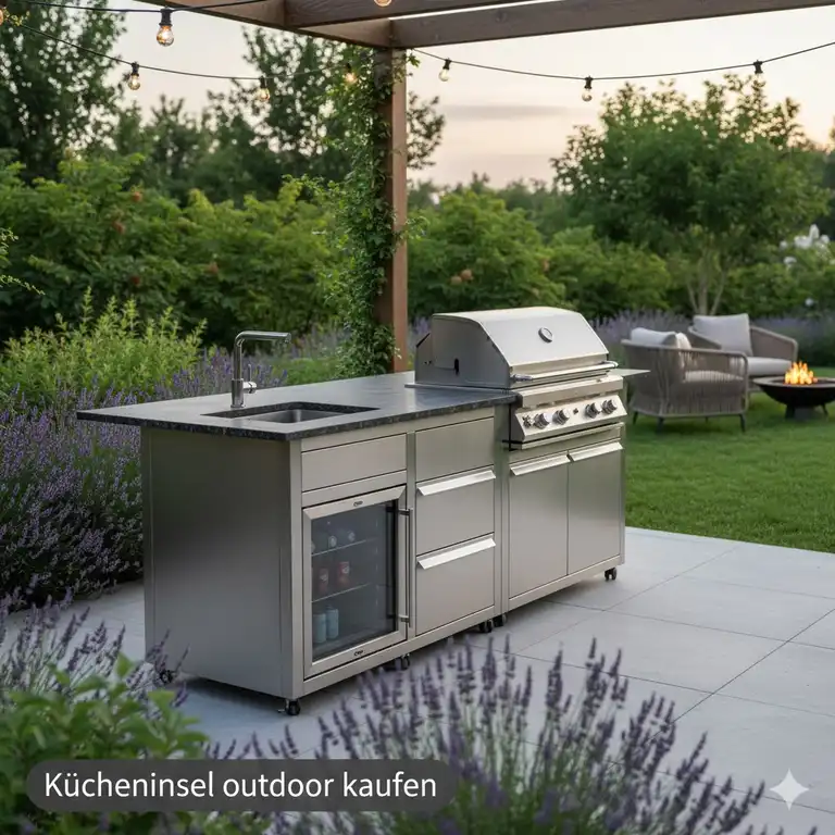 Moderne, wetterfeste Kücheninsel outdoor kaufen mit Grill und Spüle für den Garten.