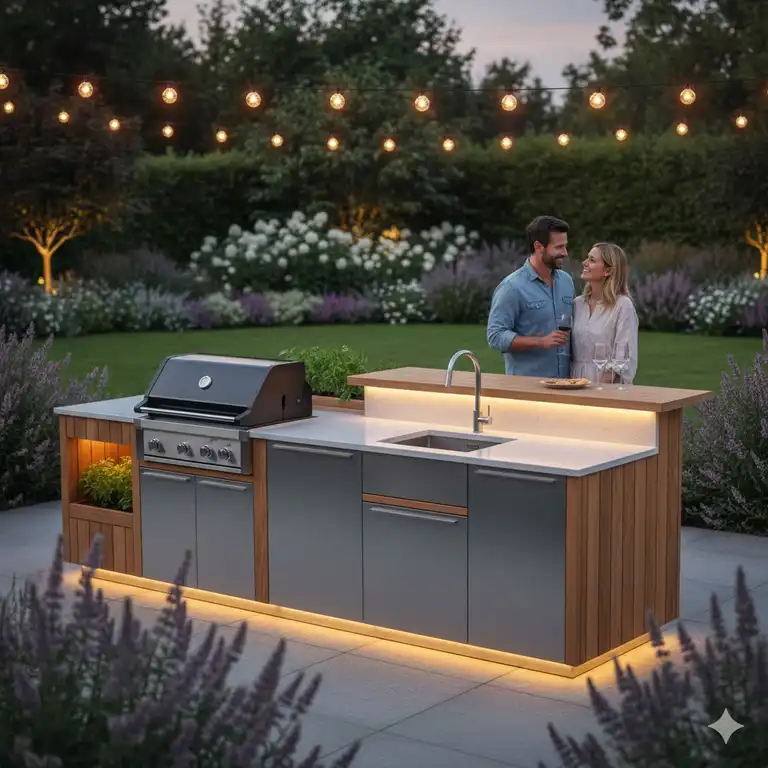 Hochwertige modul küchenmöbel garten: Eine komplette Outdoor-Küche mit Grill, Spüle und Thekenbereich.