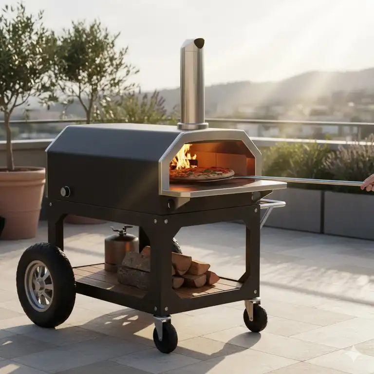 Pizzaofen mobil für Terrasse – Modernes Design mit Untergestell und Rollen, einsatzbereit auf dem Sonnendeck.