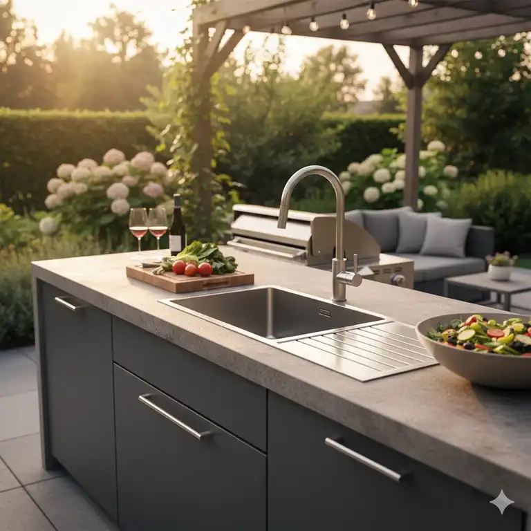 spülbecken außenküche edelstahl als Herzstück einer modernen Gartenküche mit Armatur und Arbeitsfläche.