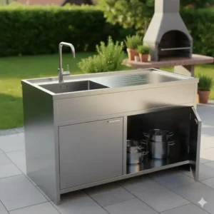 Edelstahl-Modul mit Unterschrank, ideal als Außenküche Spülbecken mit Ablage-Lösung.