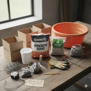 Materialien und Werkzeuge für die Feuerstelle Beton selber bauen Anleitung.