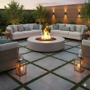 Feuerstelle garten modern design in runder form aus hellem beton, ideal für entspannte abende.