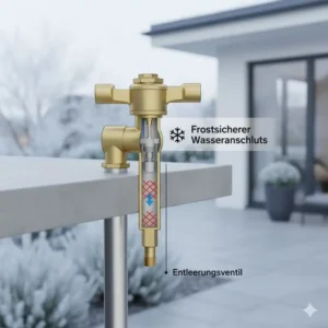 Einbauzeichnung eines frostfreien Ventils für die Mischbatterie Außenküche frostfrei.