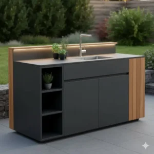 Detailansicht des Spülmoduls für die modul küchenmöbel garten, inklusive Armatur und Unterschrank.