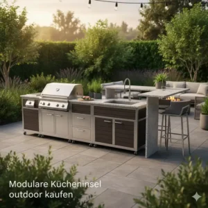 Modulare Kücheninsel outdoor kaufen mit verschiedenen Elementen und viel Stauraum.