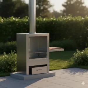 Elegantes Design eines outdoor kamin mit grill aus gebürstetem Edelstahl, mit hohem Schornstein.