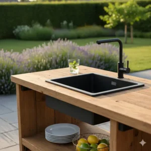 Hochwertige Außenküche Spüle mit Wasserhahn in Schwarz, eingebettet in eine Holzarbeitsplatte.
