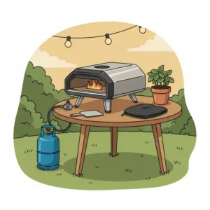 Tragbarer pizzaofen gas klein garten auf einem Outdoor-Tisch.