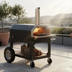 Knusprige Pizza wird in den Pizzaofen mobil für Terrasse geschoben.