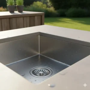 Detailansicht des Spülbecken Abfluss (Siebkorbventil) in einer modernen Gartenküche Arbeitsplatte.