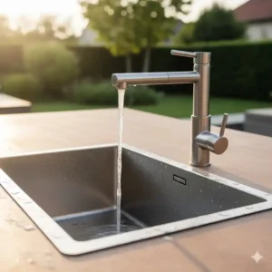 Nahaufnahme des tiefen spülbecken außenküche edelstahl mit hochwertiger schwenkbarer Armatur.