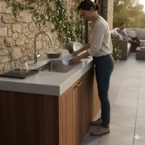 Ein Mann reinigt Geschirr am spülbecken für terrasse outdoor nach dem Grillen.