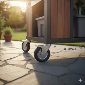 Detailaufnahme der robusten Rollen unter der Spülstation Außenküche Mobil.