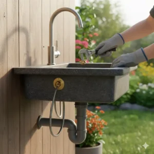Montage des Wasserhahns am Gartenspülbecken für den korrekten Wasseranschluss im Garten.