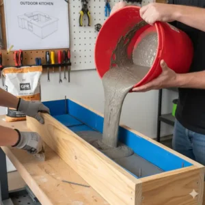 Vorbereitung der Gussform für eine DIY arbeitsplatte beton außenküche.