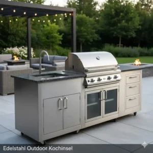 Hochwertige Kücheninsel outdoor kaufen aus Edelstahl mit integriertem Gasgrill.