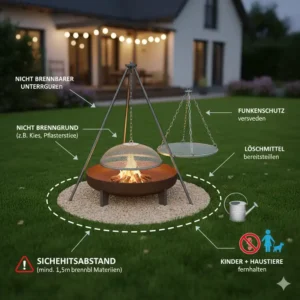 Schematische Darstellung des sicheren Aufbaus einer Feuerstelle mit Grillfunktion im Garten.