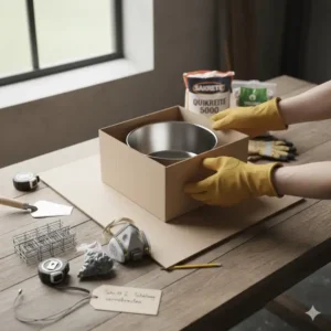 Vorbereitung der äußeren und inneren Schalung für die Feuerstelle Beton selber bauen.