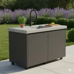 Funktionaler Garten-Spültisch mit Unterschrank als Teil der Außenküche Spüle mit Wasserhahn.