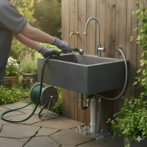 Anschluss eines Gartenschlauchs an das Spülbecken als temporäre Wasserversorgung.