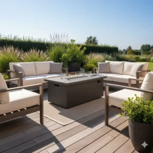 Gas feuerstelle tisch terrasse bei Tageslicht als stilvoller Gartentisch.