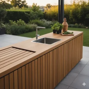 Integriertes Holz-Modul mit Außenküche Spülbecken mit Ablage und Hahn.