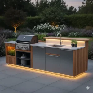 Die integrierte Grillstation der modul küchenmöbel garten mit Gasgrill und wetterfester Ablagefläche.
