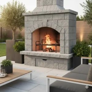 Holzscheite brennen im Feuerraum des outdoor kamin mit grill, erzeugt wohlige Wärme.