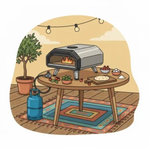 Nahaufnahme eines pizzaofen gas klein garten mit Flammen und Pizzastein.