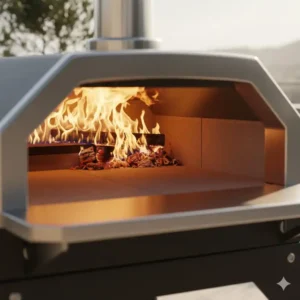 Detailansicht der Befeuerung im Pizzaofen mobil für Terrasse (Gas und Holzoption).