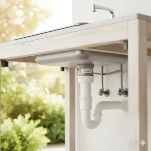 Unteransicht: Montierter Siphon (Geruchsverschluss) aus Kunststoff unter einem Garten Waschbecken Abfluss Set.