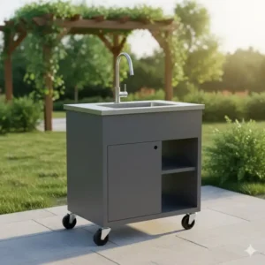 Freistehendes spülbecken außenküche edelstahl mit Unterschrank und Rollen für maximale Flexibilität.