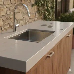 Detailansicht des spülbecken für terrasse outdoor aus gebürstetem Edelstahl.