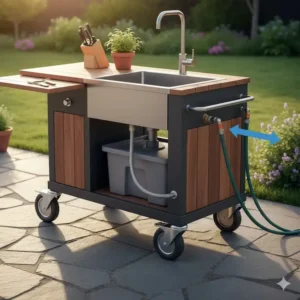 Schema des Wasseranschlusses für die Spülstation Außenküche Mobil per Gartenschlauch.