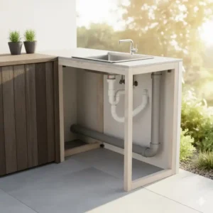 Beispiel für die korrekte Verlegung des Ablaufrohrs für das Abfluss Set Außenküche Garten.