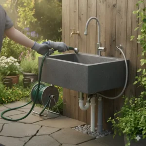 Verlegung und Installation der Abwasserleitung für die Gartenküche unter dem Spülbecken.