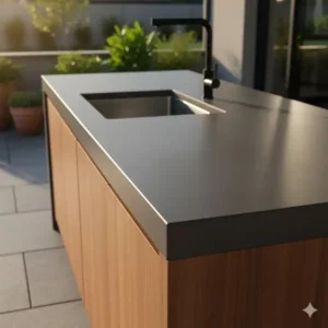 Elegante, monolithische Kante einer dunklen arbeitsplatte beton außenküche.