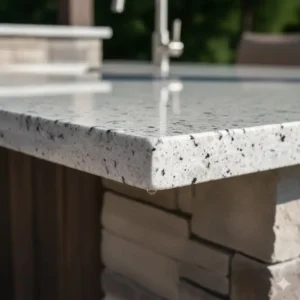 detailansicht des stabilen kantenprofils der arbeitsplatte granit außenküche