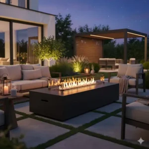 Feuerstelle garten modern design als gas-feuertisch, rechteckig und elegant, einfach zu bedienen.