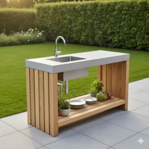 Kompakte, freistehende Garten-Spüle, eine praktische Außenküche Spülbecken mit Ablage.