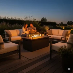 Romantische Beleuchtung durch die gas feuerstelle tisch terrasse.