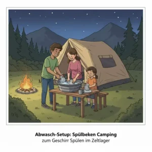 Geschirr im spülbecken klein camping outdoor nach dem Abendessen im Zeltlager spülen.