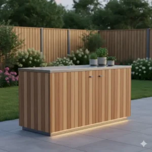 Langlebige Materialien der modul küchenmöbel garten, wie Edelstahl und robustes Teakholz.