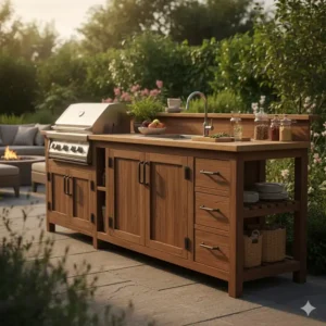 Freistehender schrank außenküche holz massiv in einer Outdoor-Einstellung, demonstriert Witterungsschutz.