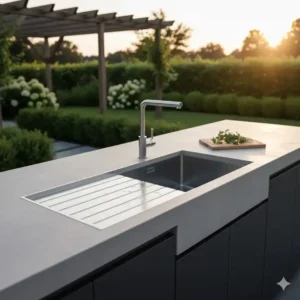 Praktisches spülbecken außenküche edelstahl mit integrierter großer Abtropffläche.