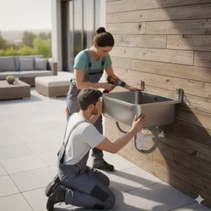 Anleitung zur Montage des spülbecken für terrasse outdoor an der Hauswand.